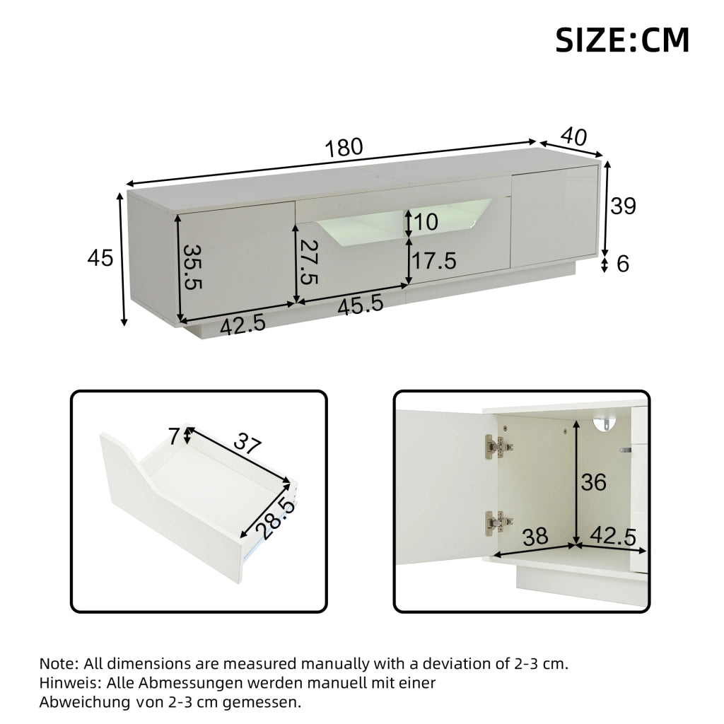 Mobile TV LED con 2 cassetti, 2 ante e 2 vani semichiusi, finitura lucida, per soggiorno, bianco, 180 × 40 × 45 cm