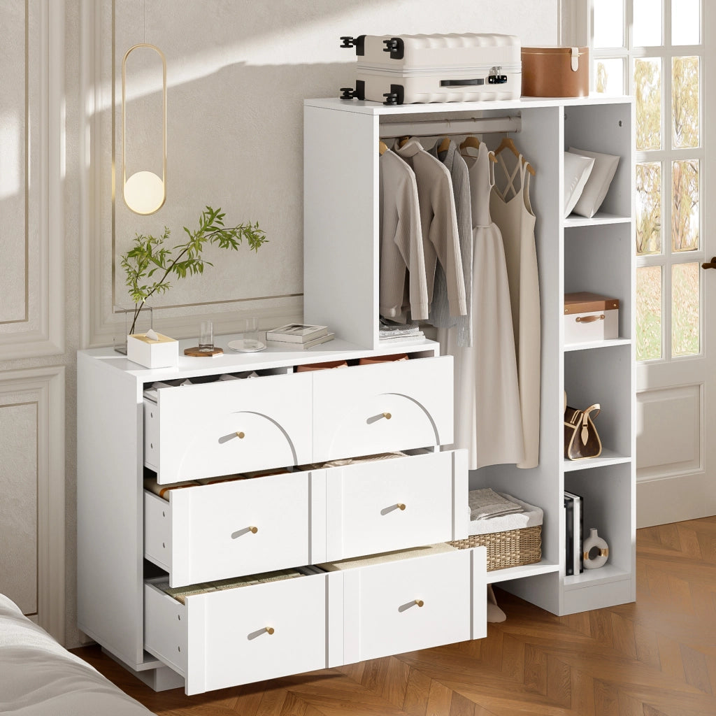 Armadio guardaroba multifunzione bianco con 6 cassetti e appendiabiti
