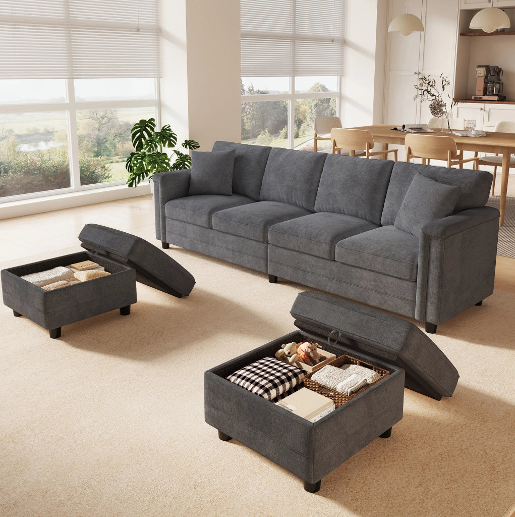 Divano modulare grigio in tessuto Chenille con 2 pouf contenitori e 2 cuscini decorativi, 261×134×82 cm
