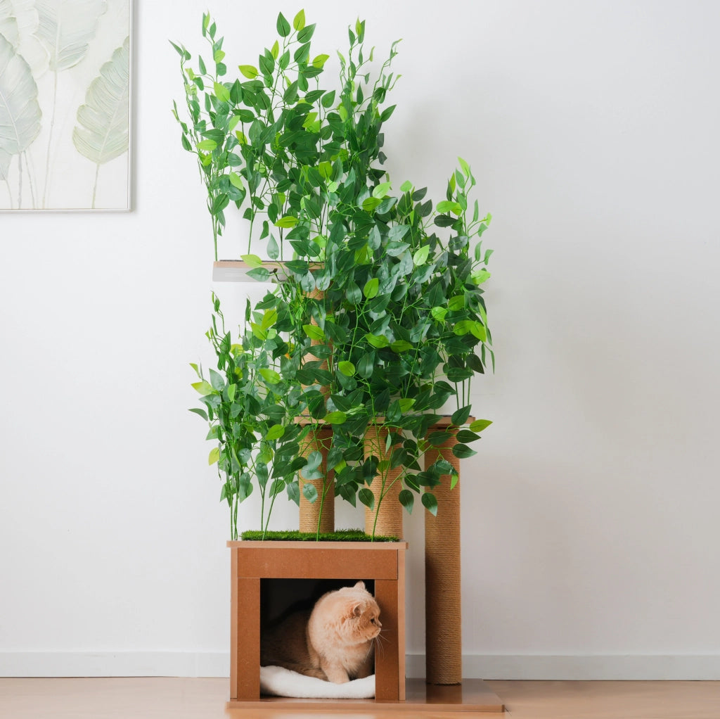 Tiragraffi per gatti ad albero con 3 piattaforme; cuccia e foglie rimovibili; 60×45×158 cm; MDF verde