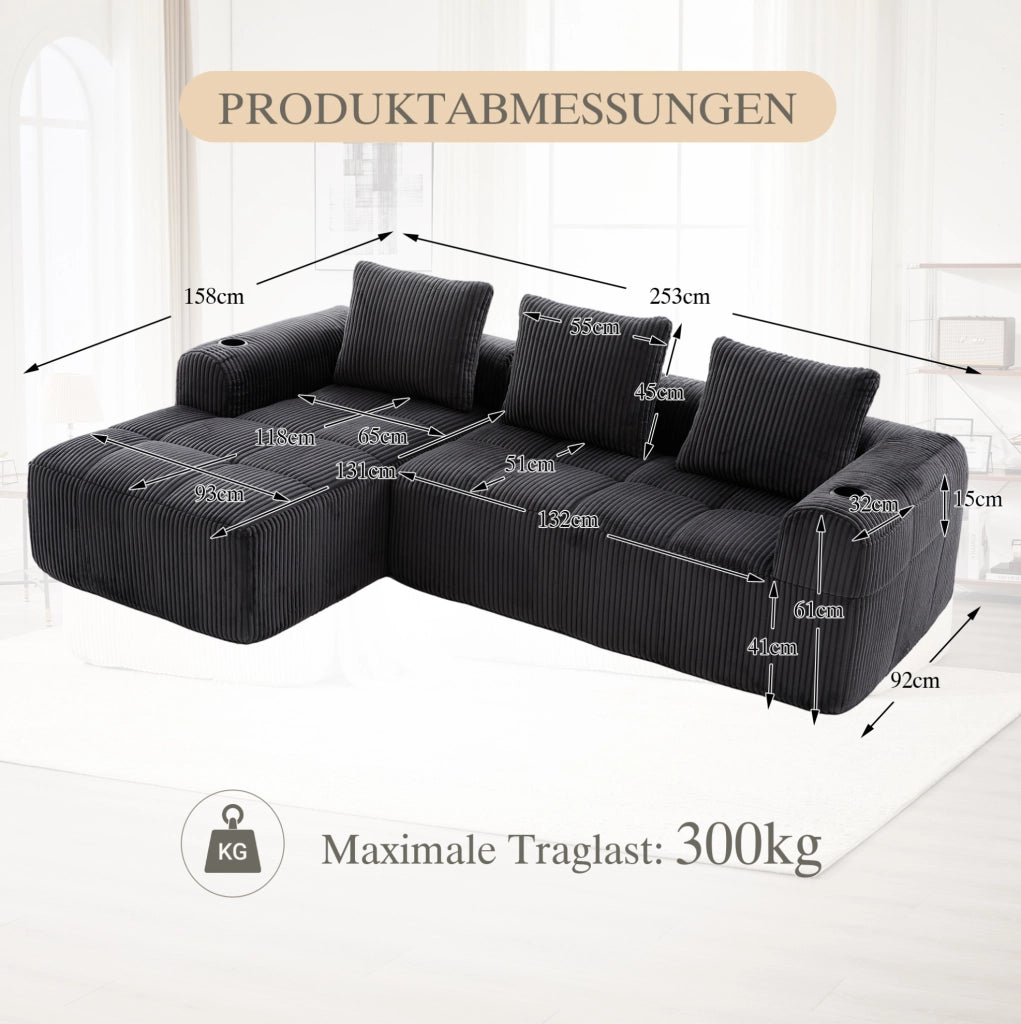 Divano compatto modulare 253x158x61 cm in velluto a coste grigio scuro