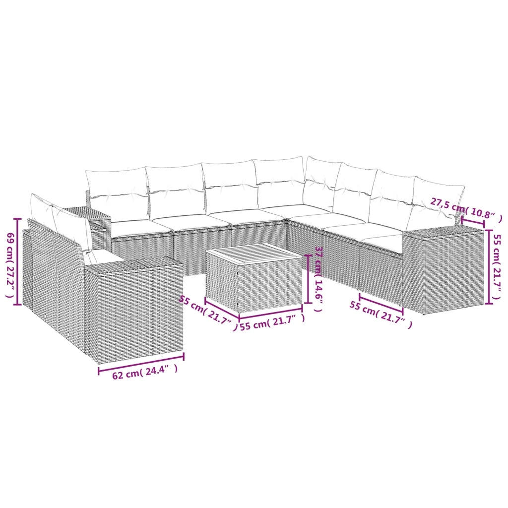 Set Divani da Giardino 10pz con Cuscini in Polyrattan Nero