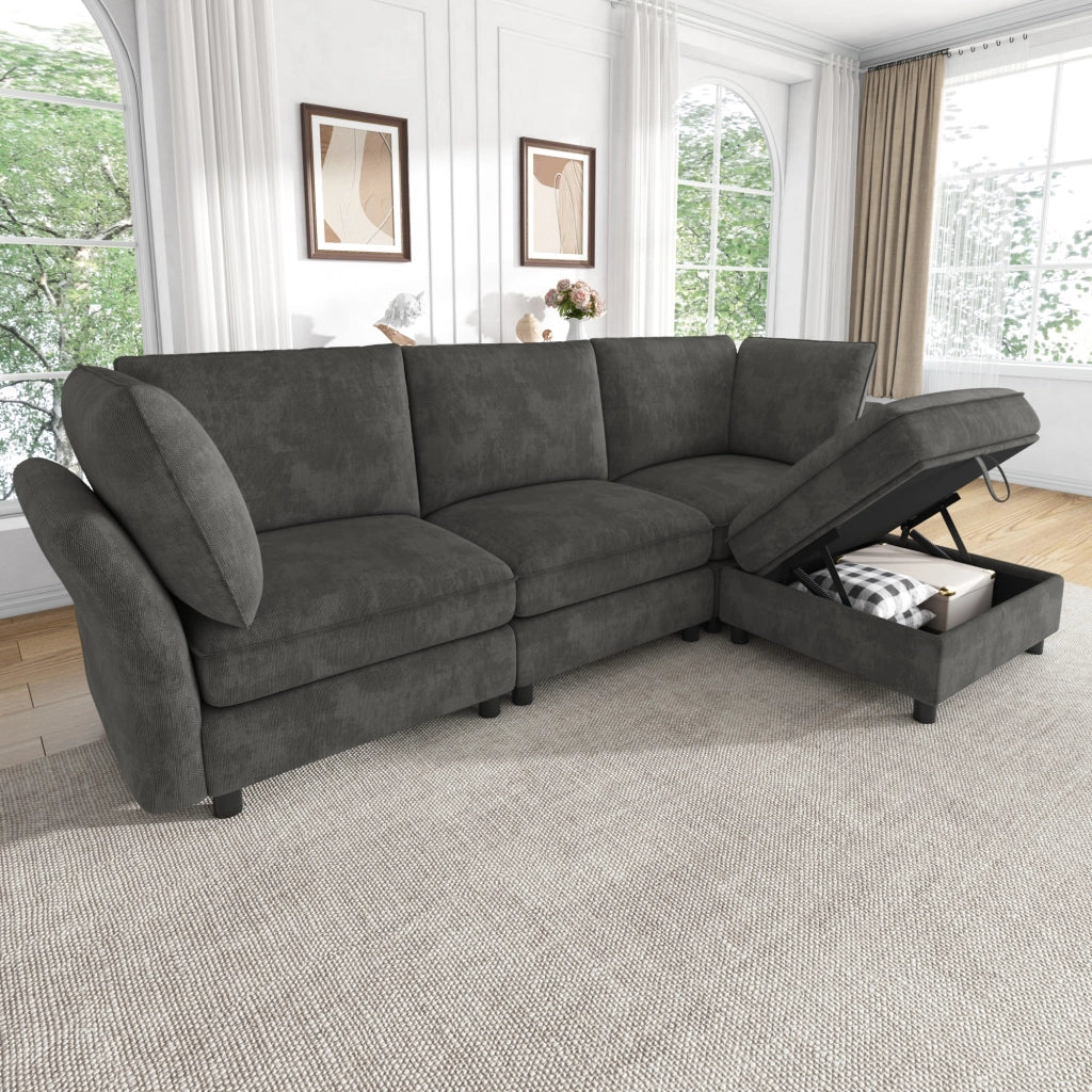 Divano angolare modulare da 4 a 5 posti in ciniglia grigio con pouf contenitore e 2 cuscini 225 × 137 × 84 cm