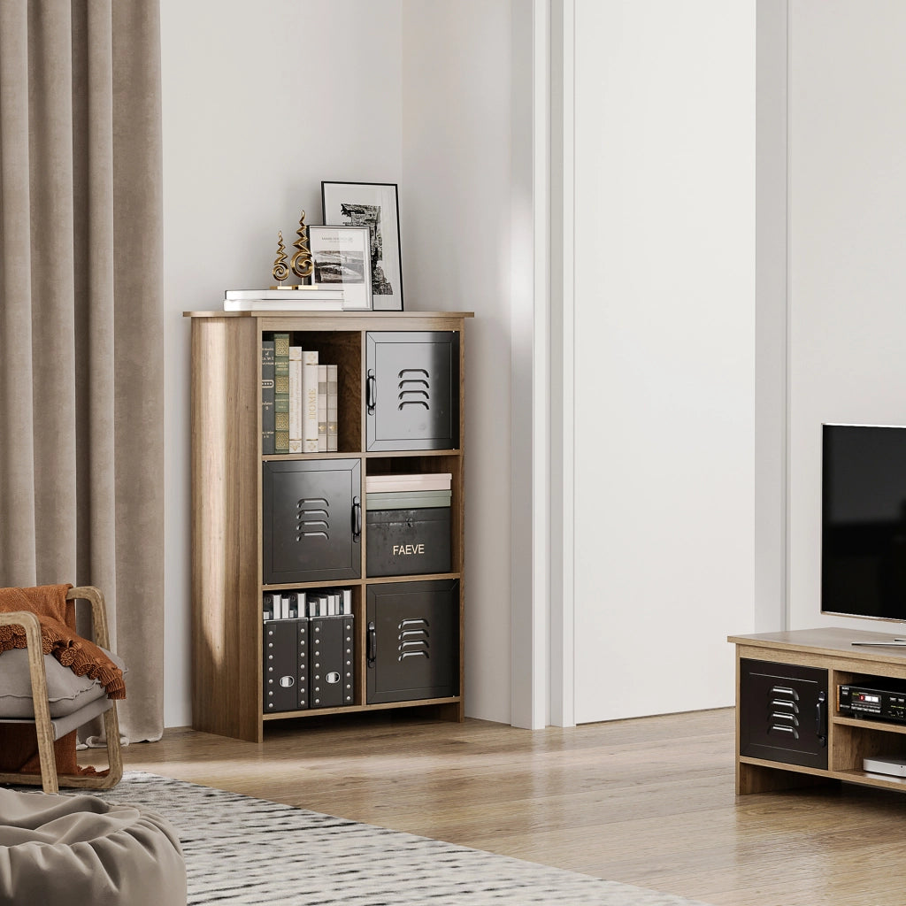 Libreria Mobile di Stoccaggio Design Industriale, Scaffale Effetto Legno con 3 Nicchie e 3 Ante in Metallo Nero per Casa