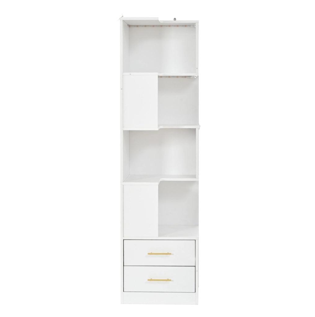 Libreria Angolare Bianca 165 cm con 4 Ripiani, LED Multicolore e 2 Cassetti, Mobile Soggiorno e Camera
