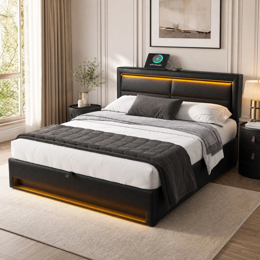 Letto matrimoniale imbottito con contenitore 140 × 200 cm in PU nero con USB ricarica wireless e LED
