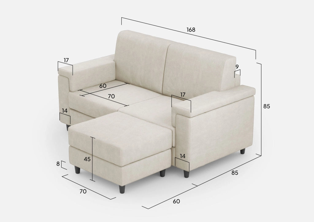 Divano 2 Posti con Pouf 168x145x85 cm Marrak in Tessuto Latte