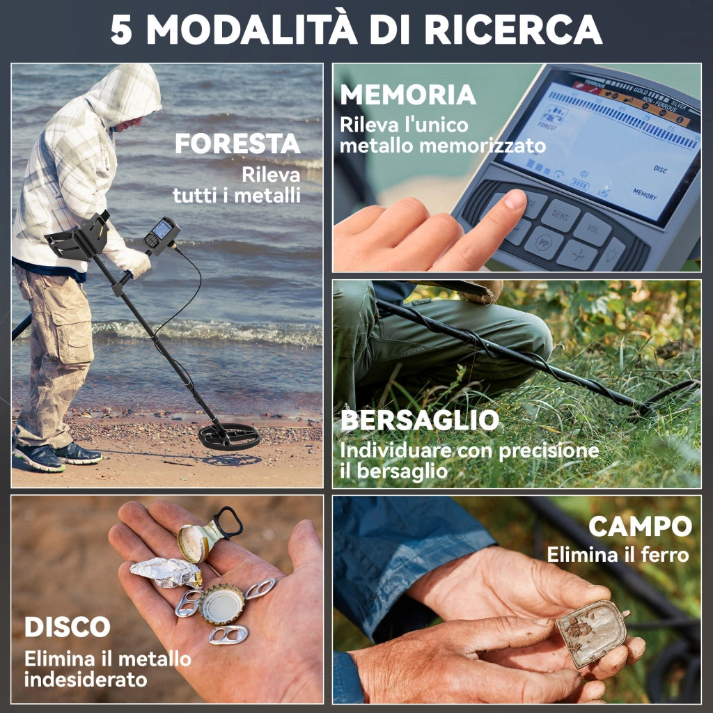Metal Detector Professionale con 5 Modalità IP68 e Display LCD