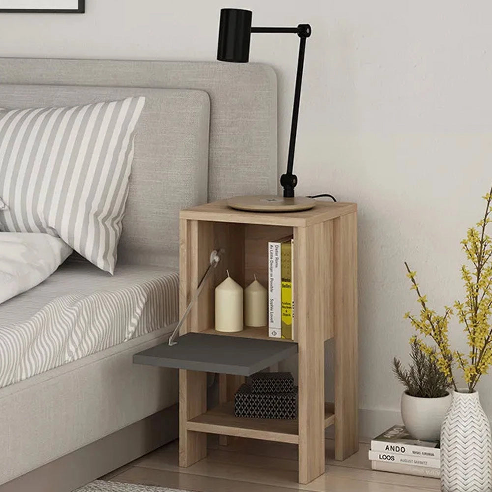 Comodino 30x30x55 cm Mobiletto con Anta a Ribalta e Ripiano in Legno Quercia e Antracite