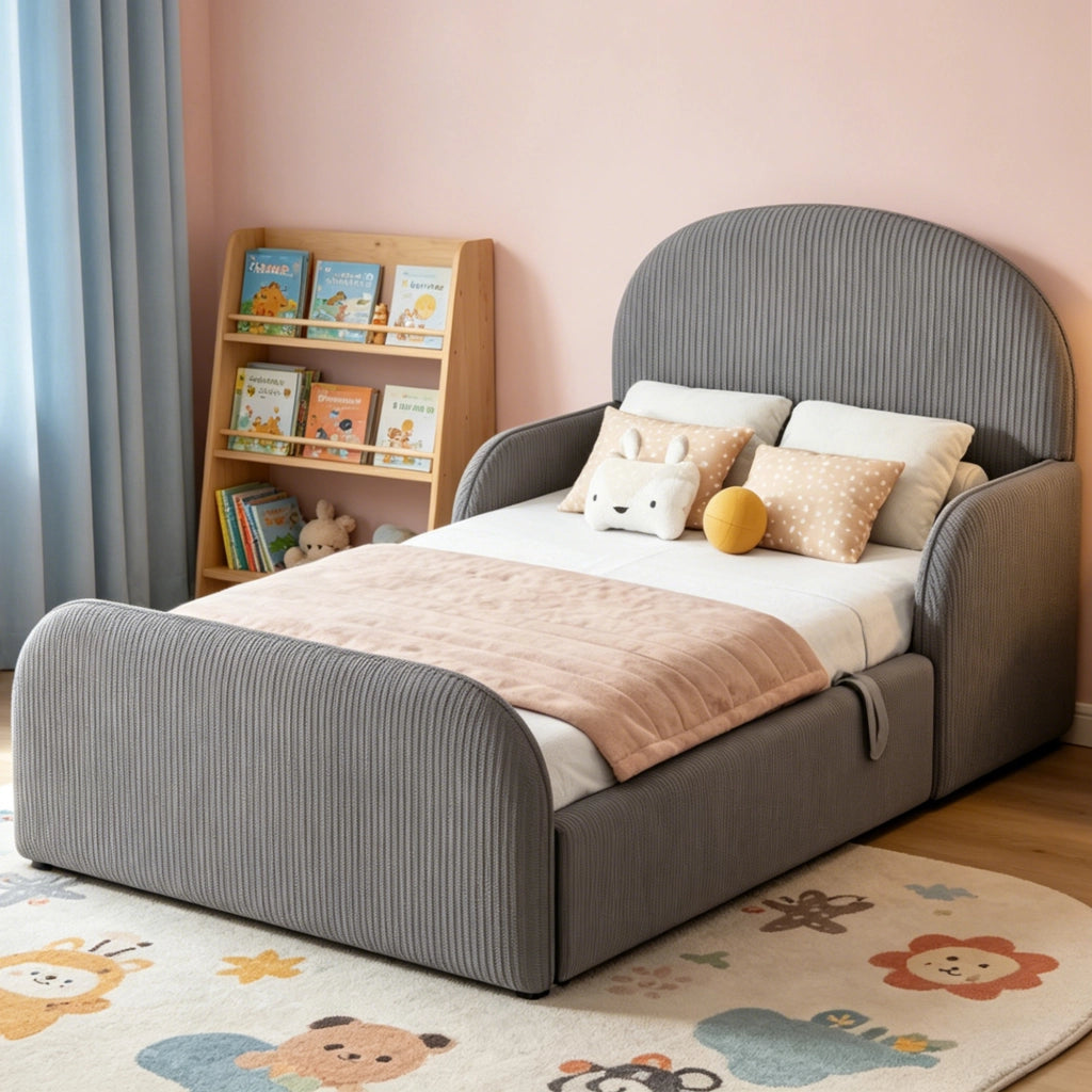 Letto Singolo Imbottito 90x200 cm con Contenitore Idraulico; Testiera Alta e Sponde di Sicurezza; Struttura in Velluto Grigio per Cameretta