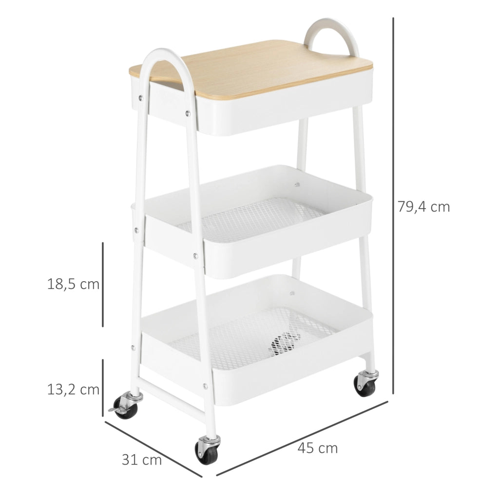 Carrello da cucina ULEVR a 3 ripiani con coperchio e ruote frenanti, acciaio bianco 45x31x79,4 cm