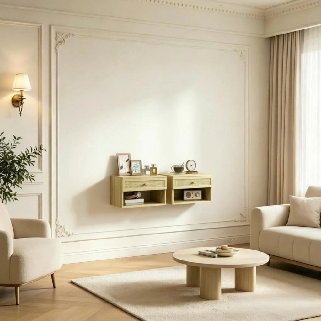 Set di 2 Comodini da Parete in Truciolato Naturale con Cassetto Estraibile e Ripiano Aperto, 40x34x23 cm