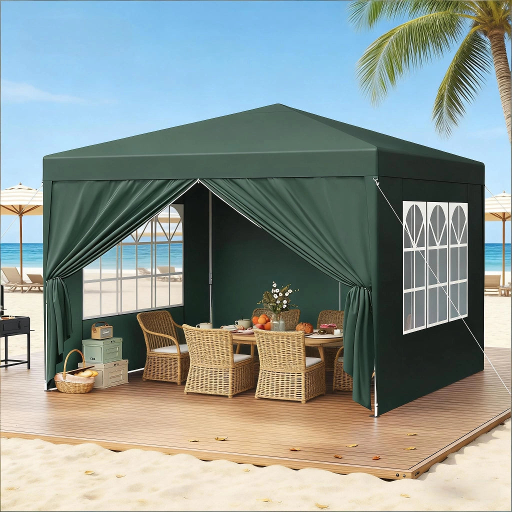 Gazebo pieghevole 3 × 3 m con pareti laterali avvolgibili; tetto Oxford 210D impermeabile verde regolabile in altezza