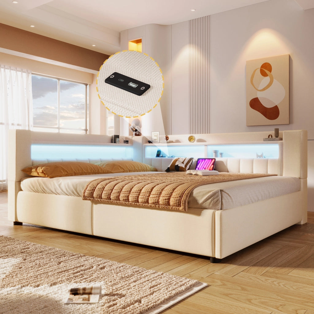 Letto divano contenitore 140x200 cm in lino beige con apertura idraulica; LED; USB e USB-C