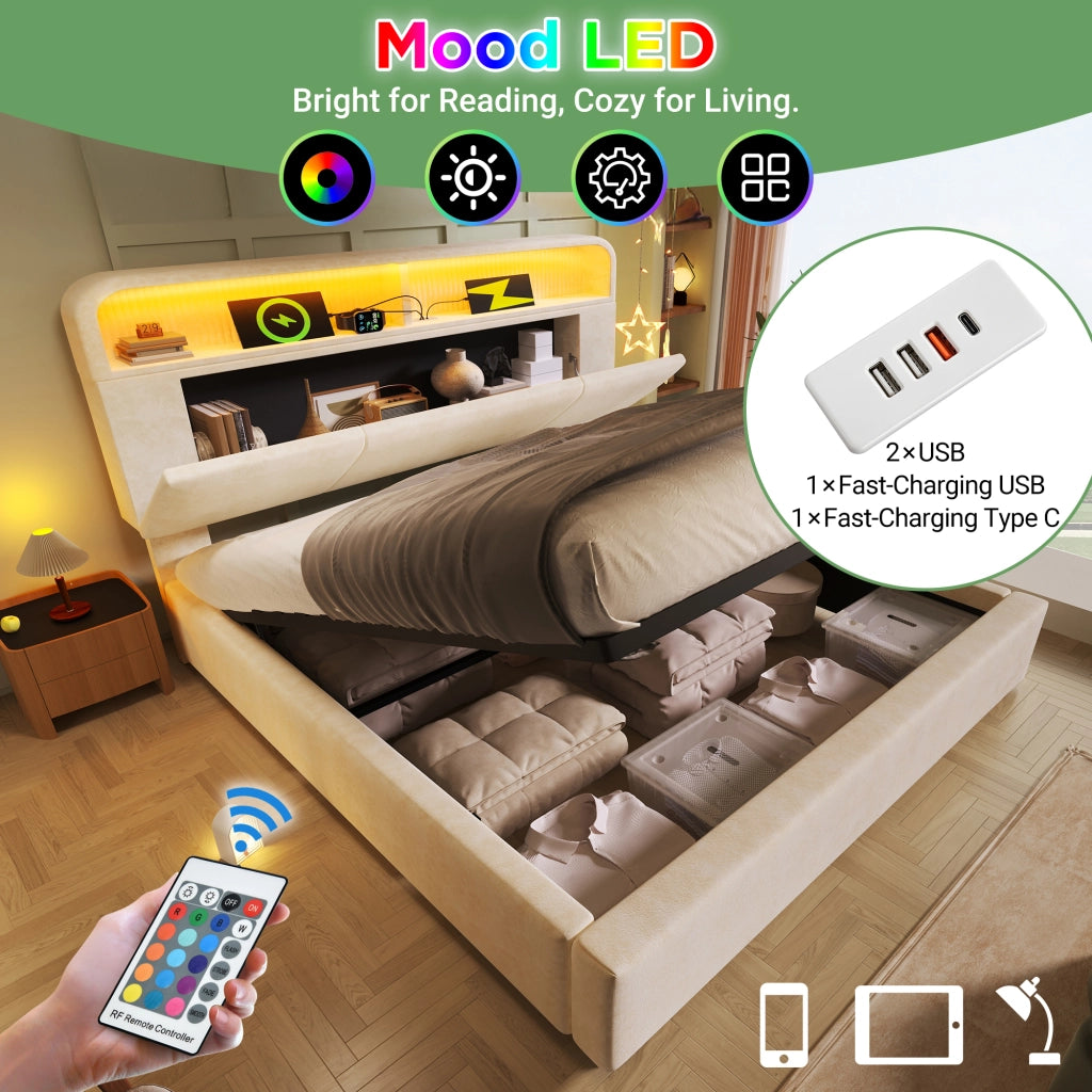 OKWISH Letto Contenitore 180×200 cm, Letto Matrimoniale con Testiera Regolabile, LED Regolabile, USB e Tipo C, senza Materasso, in Velluto, Beige