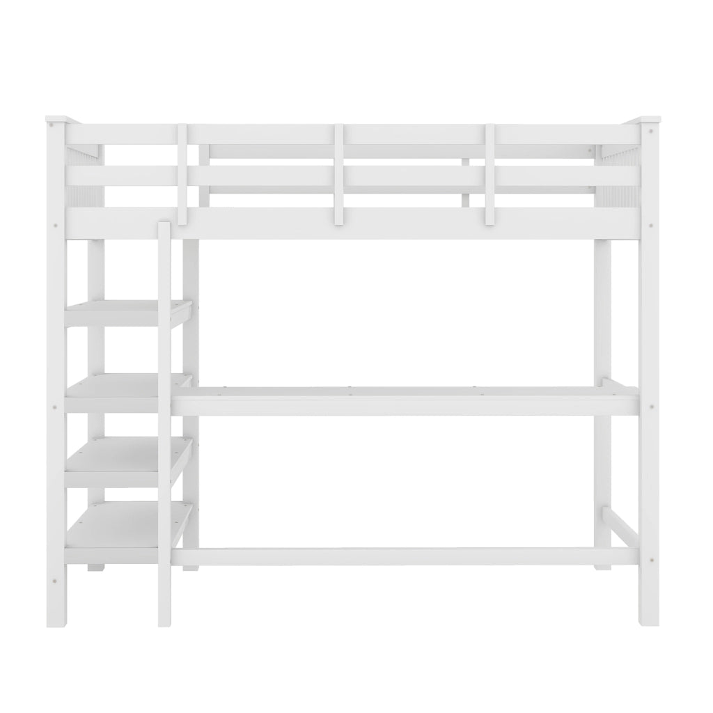 Letto a soppalco per bambini 90x200 cm con scrivania e scaffali; bianco