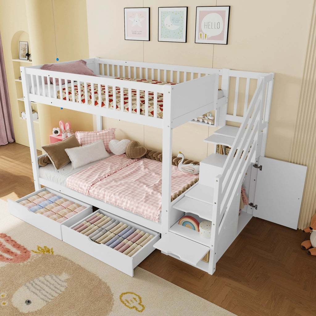 Letto a castello 90 × 200 cm 2 posti con armadio; 2 cassetti; 4 mensole e scala contenitore; senza materasso; bianco