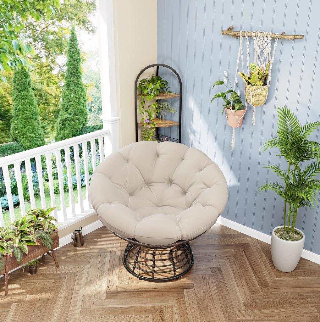 Sedia Papasan Girevole in Rattan Marrone con Cuscino Beige Morbido e Spesso, Struttura in Acciaio, 92 cm, Ideale per Soggiorno e Camera