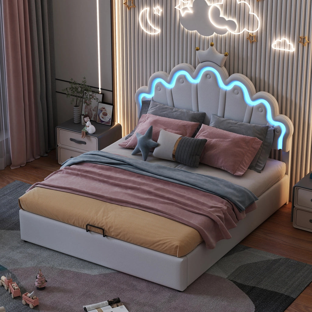 Letto imbottito 140x200 cm con contenitore e LED, testiera a nuvola con corona, PU bianco