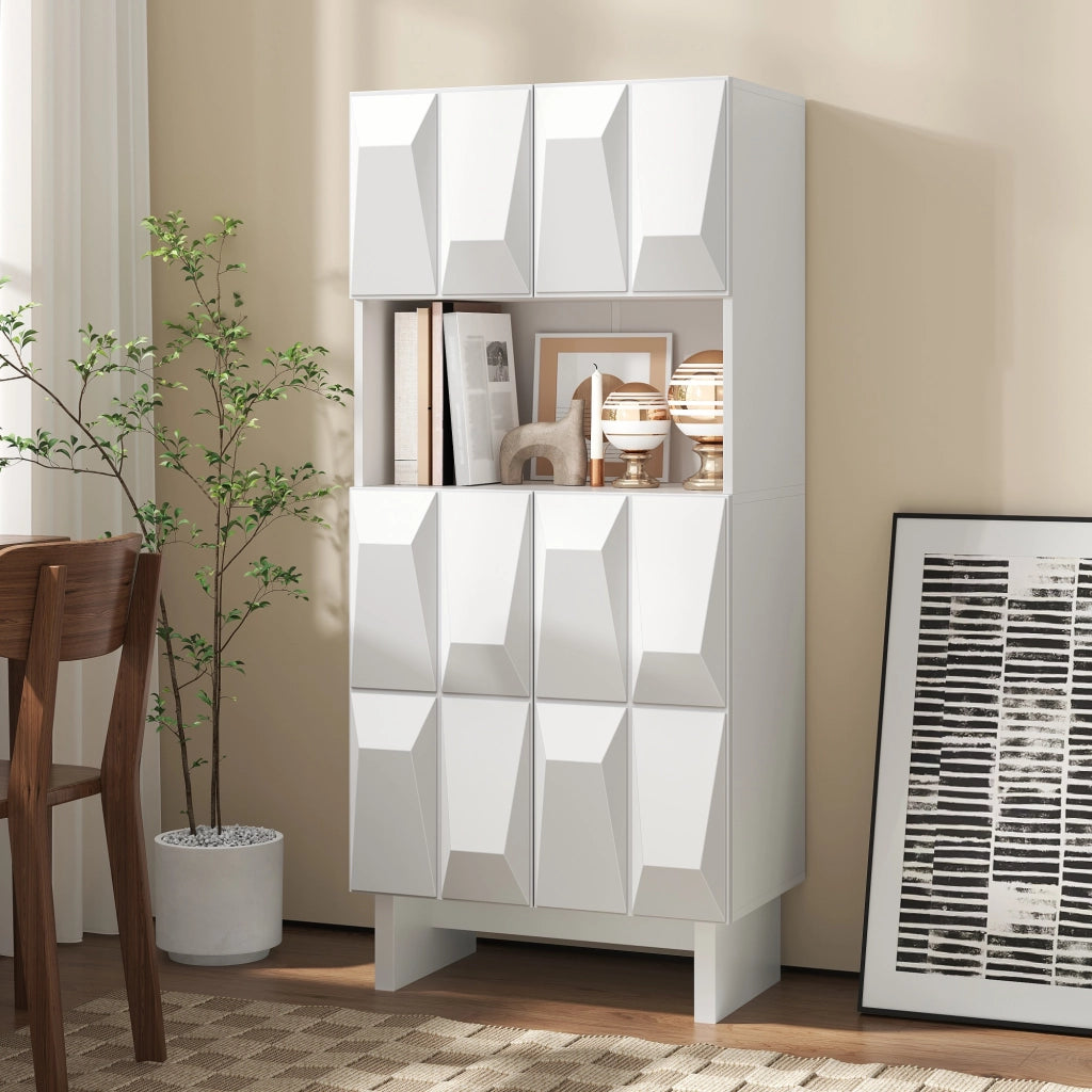 Vetrina con 4 ante a rilievo, vano aperto e ripiano regolabile, per casa, in truciolare bianco, 60,5 × 34 × 135,5 cm
