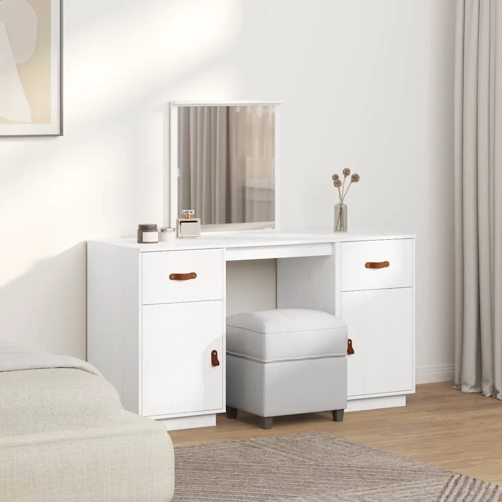 Set Toeletta | Tavolo da Trucco con Specchio Bianco in Legno Massello di Pino