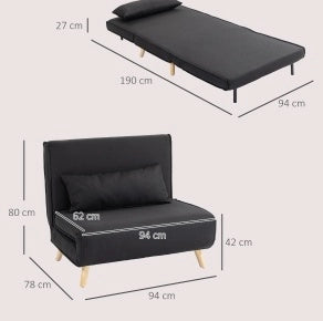 Poltrona Letto 2-in-1 con Schienale Regolabile e Cuscino Decorativo, Rivestimento in Lino, Portata 350 kg