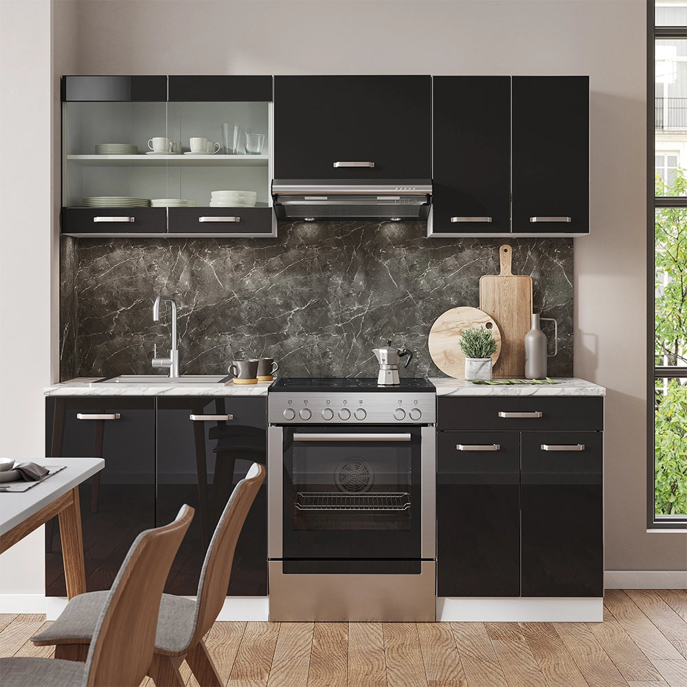 Vicco Cucina componibile Nero lucido/bianco 200 cm , PL Rovere