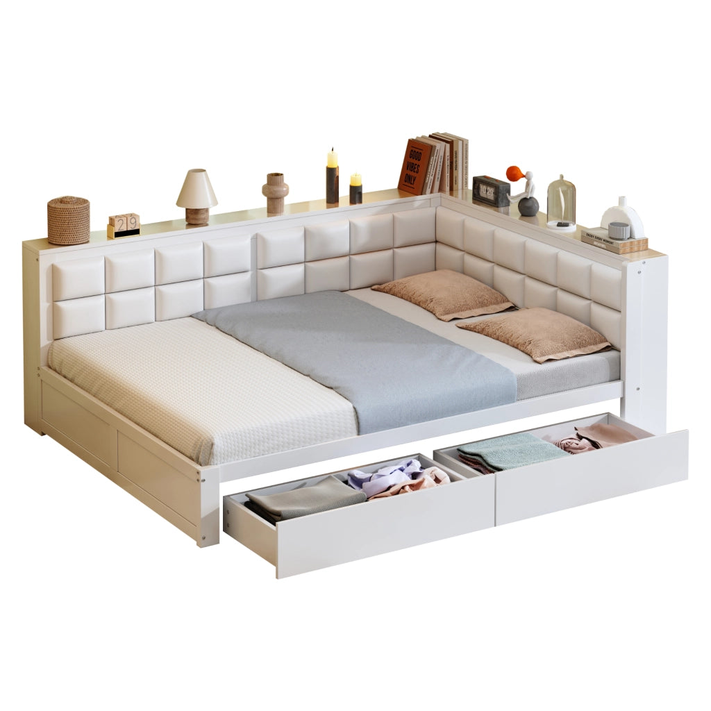Divano letto 140 × 200 cm trasformabile con due cassetti schienale morbido in legno bianco