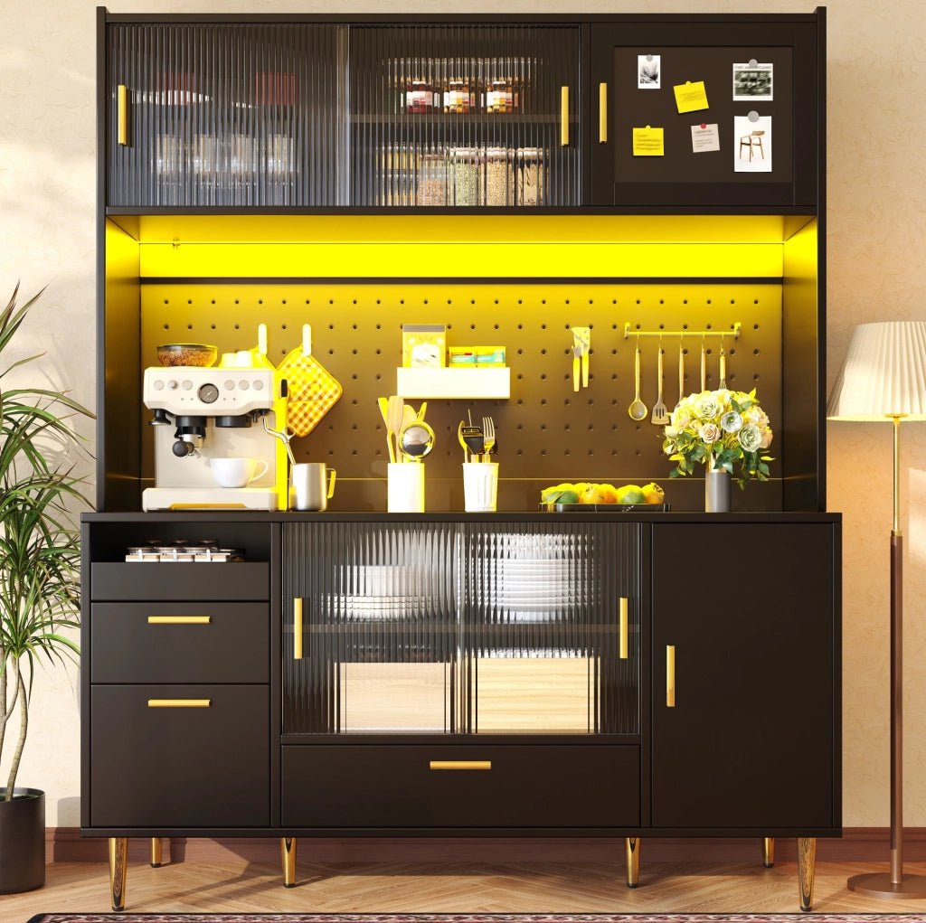 Credenza buffet da cucina 140x40x180 cm con LED, ante scorrevoli in vetro e pannello forato nera HAVRYA