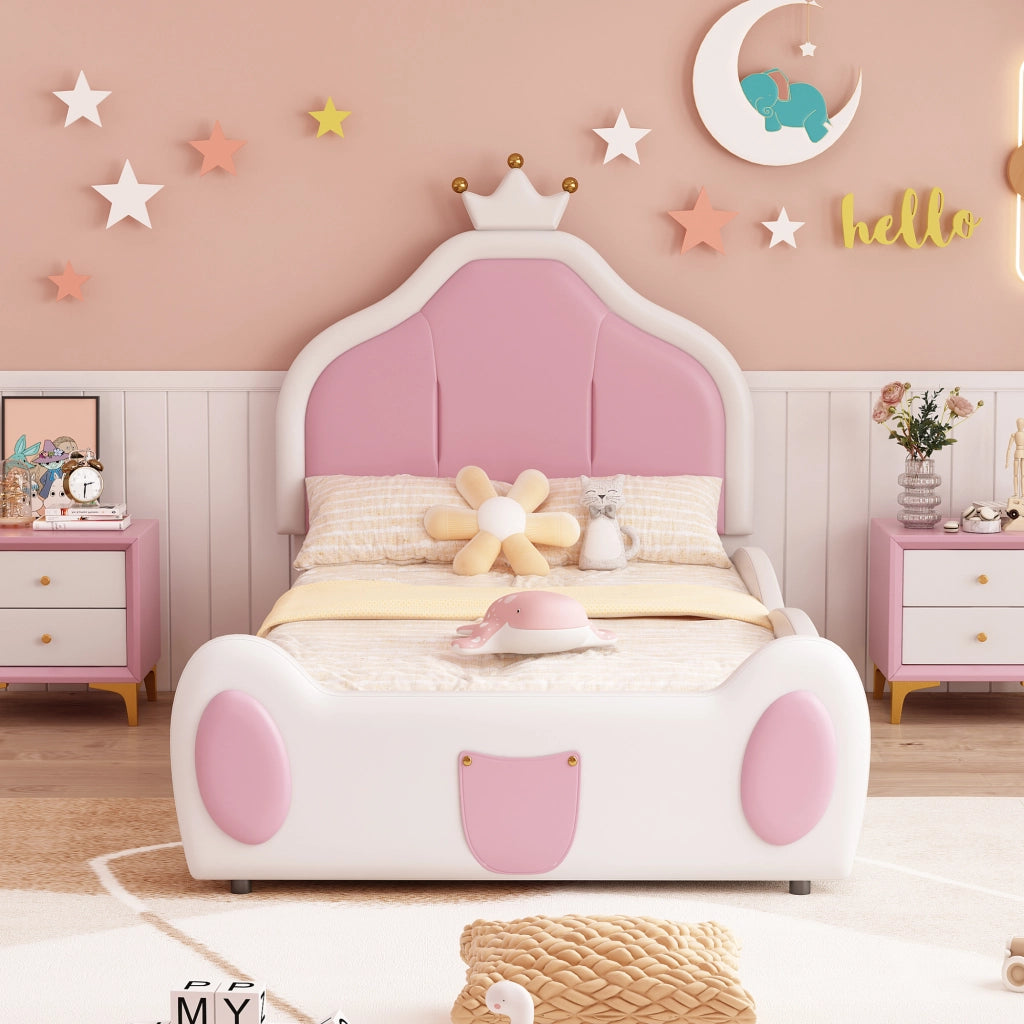 Letto singolo 90 × 200 cm imbottito con testiera a corona in similpelle bianca e rosa con rete a doghe