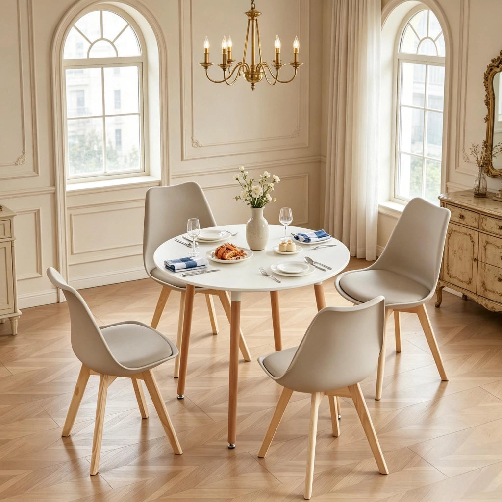 Set tavolo e sedie 5 pezzi con tavolo rotondo e 4 sedie in plastica legno e similpelle per cucina e sala da pranzo