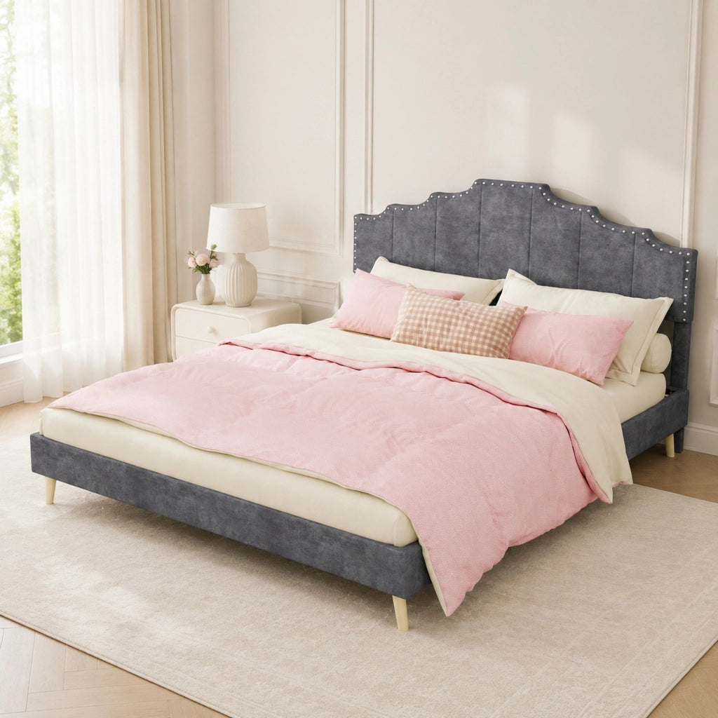 Letto con testiera geometrica per materasso 160 × 200 cm in tessuto grigio con rete a doghe