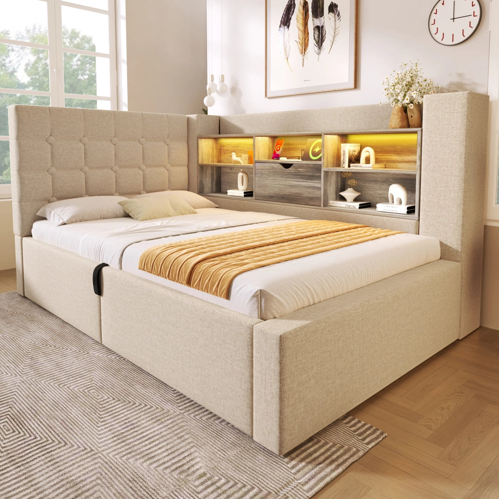 Letto singolo 90 × 200 cm con contenitore idraulico; LED regolabile e USB; materasso incluso; beige