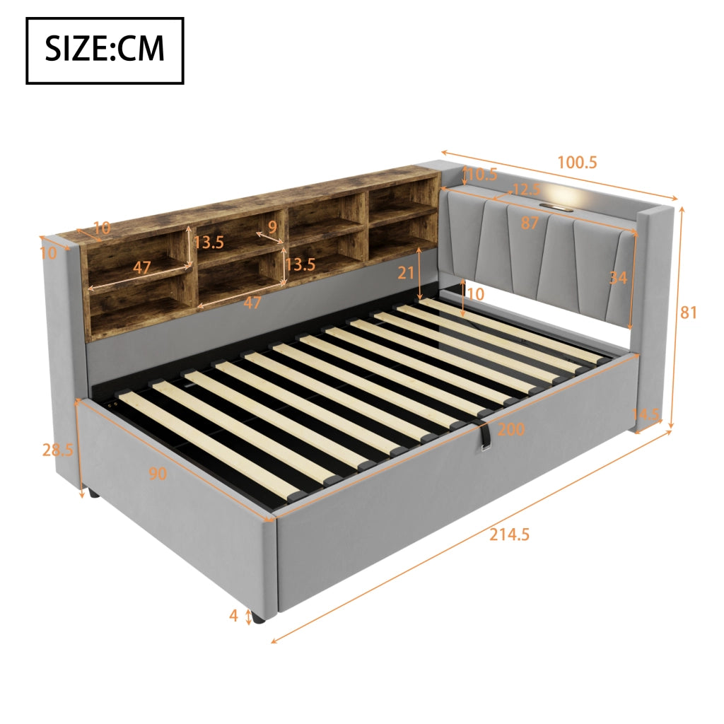 Letto divano singolo 90 × 200 cm con contenitore idraulico; luce notturna; USB e Type-C; senza materasso; grigio chiaro