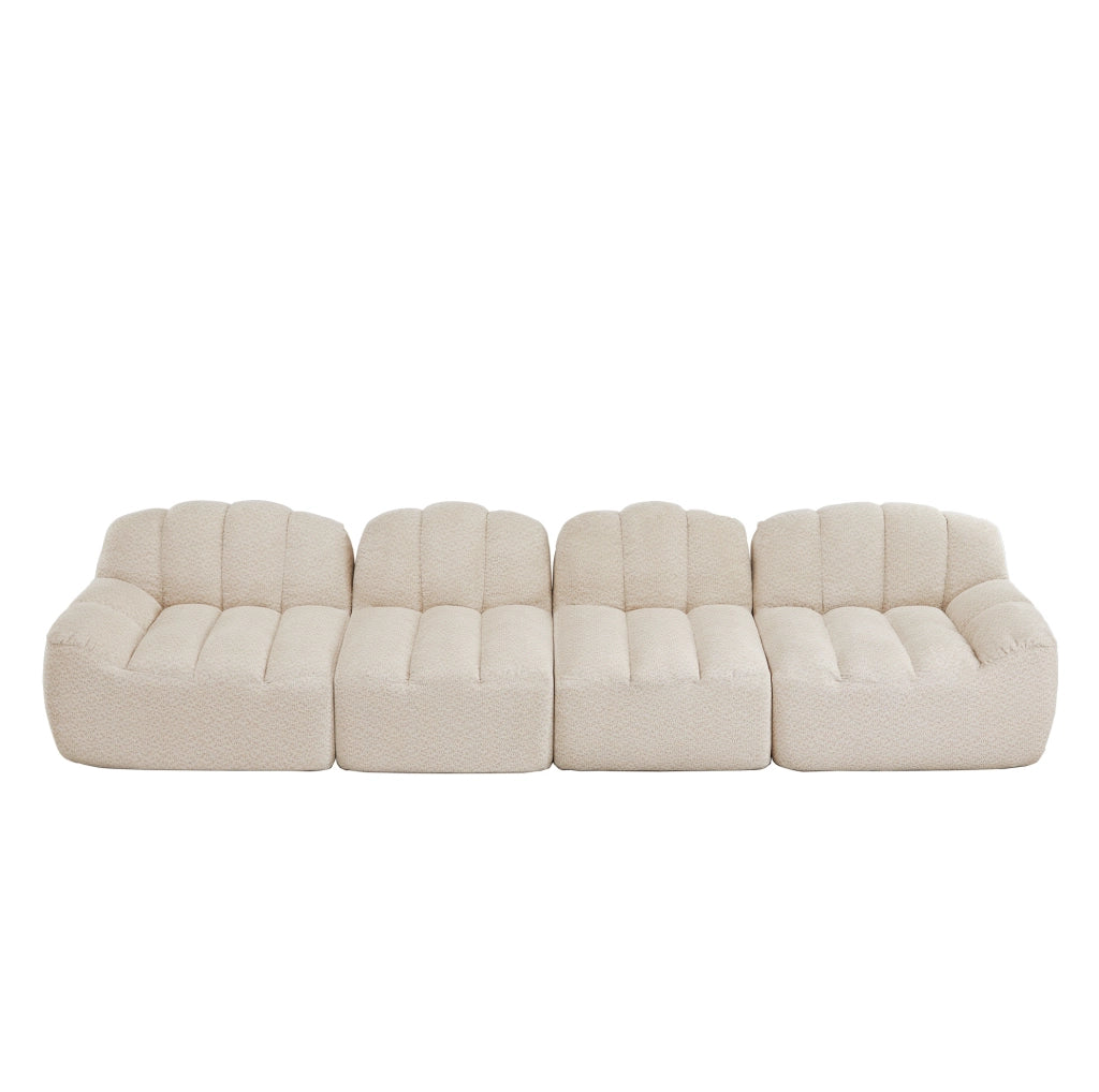 Divano modulare 4 posti a forma di conchiglia con schiuma ad alta densità 32D e tessuto beige bianco, ideale per soggiorno