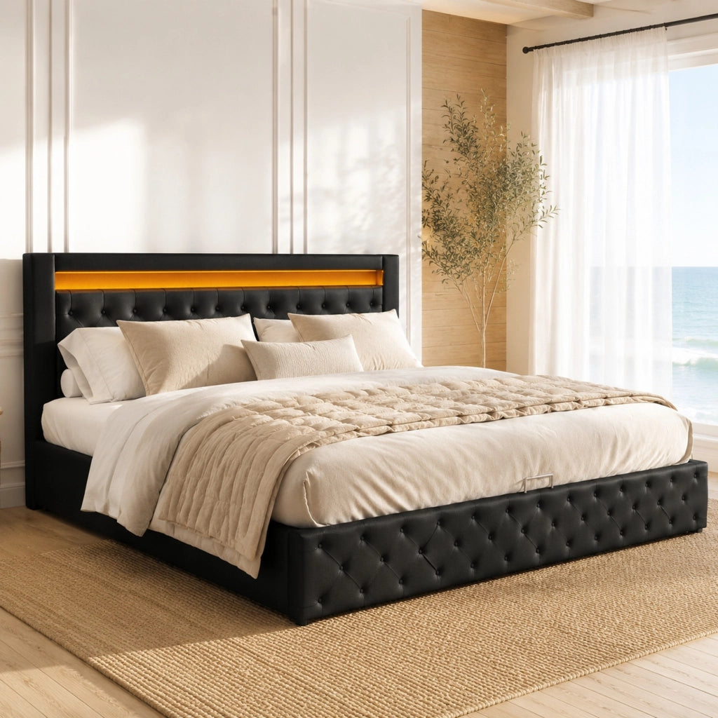 Letto imbottito 180x200 cm con rete, contenitore e luci LED