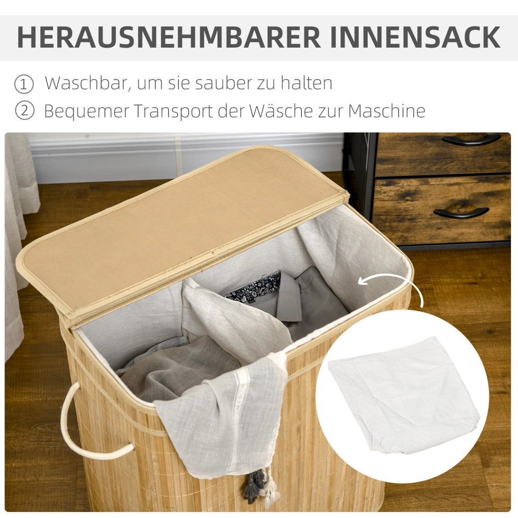 Cesto porta biancheria in bambù con coperchio, 90 litri, 2 scomparti e sacco interno rimovibile - 54,2 x 35,2 x 59,5 cm