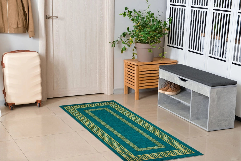 Tappeto Arredo Moderno Morbido in Ciniglia Ingresso Antiscivolo Prodotto Italiano  Soggiorno Camera Salotto Disegni Piazzati Cotone Varie Misure Grande Atena/Petrolio - 65x175 cm