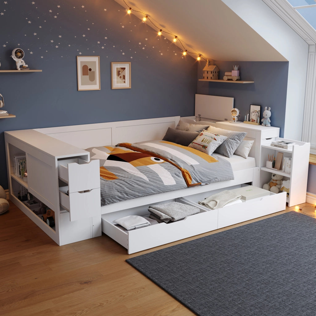 Letto multifunzione in MDF con contenitore, cassetti e comodino integrato