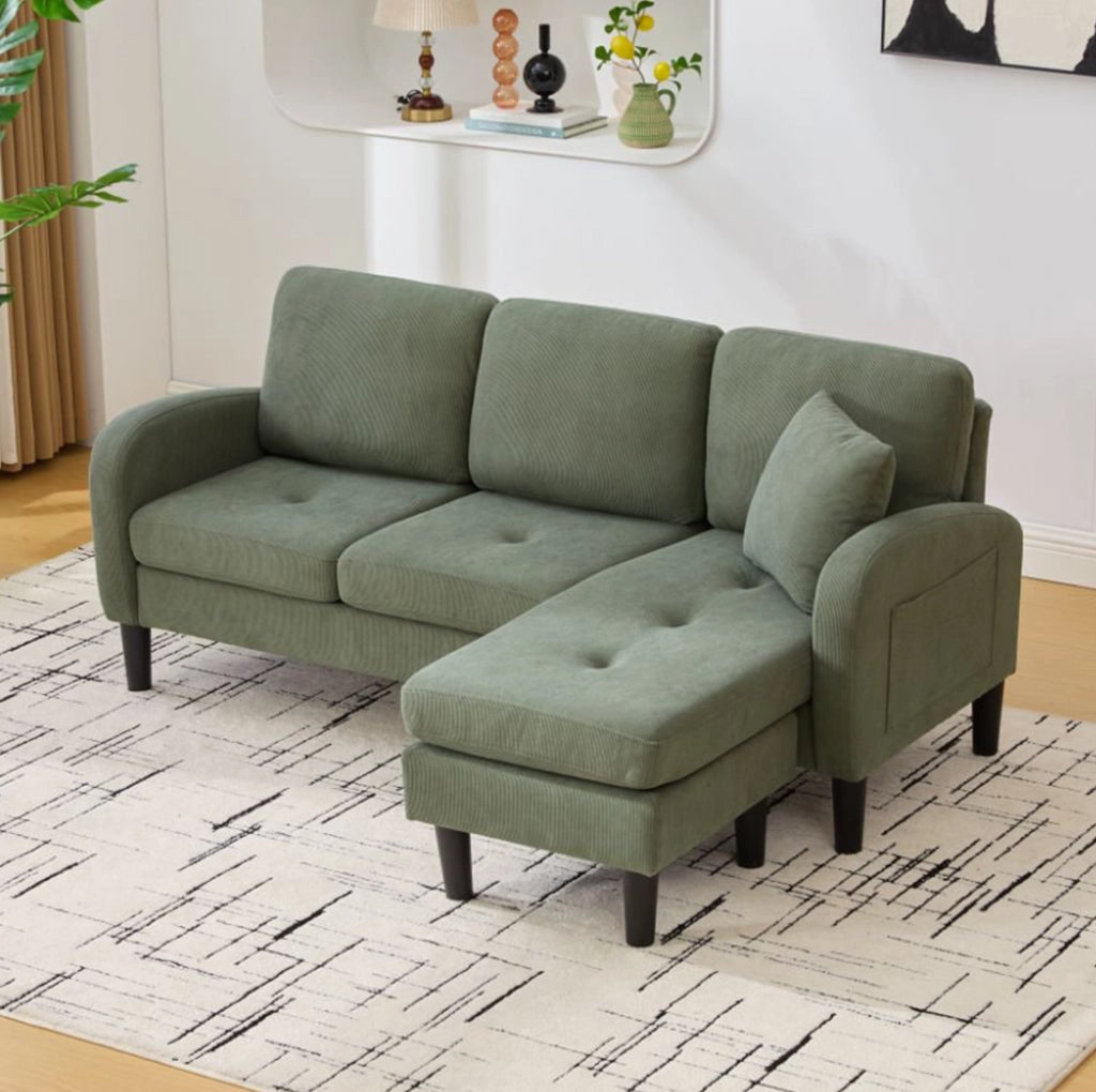 Divano angolare a L 3 posti con chaise longue 166x118x77 cm, tessuto in corda, gambe in plastica, design modulare
