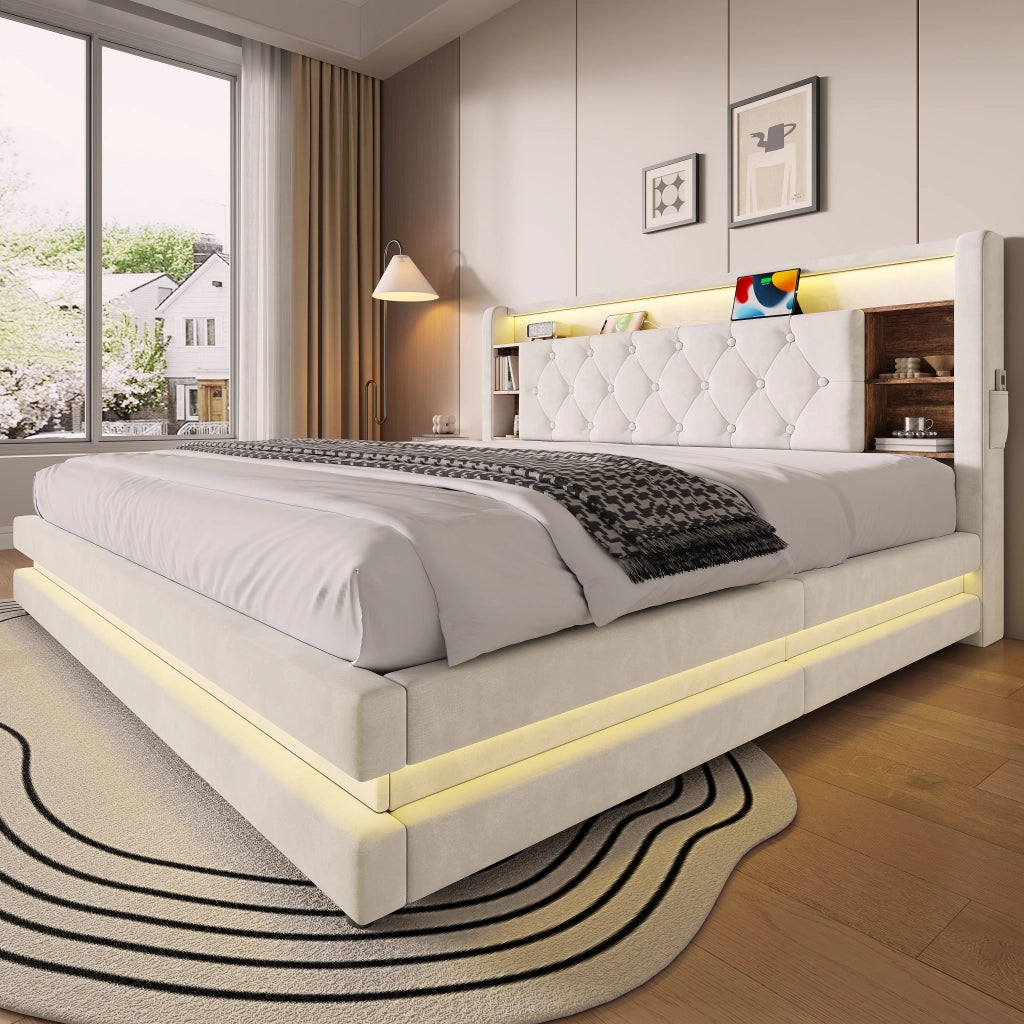 Letto contenitore 180 × 200 cm con testiera multifunzione LED USB e Type-C rivestito in velluto beige