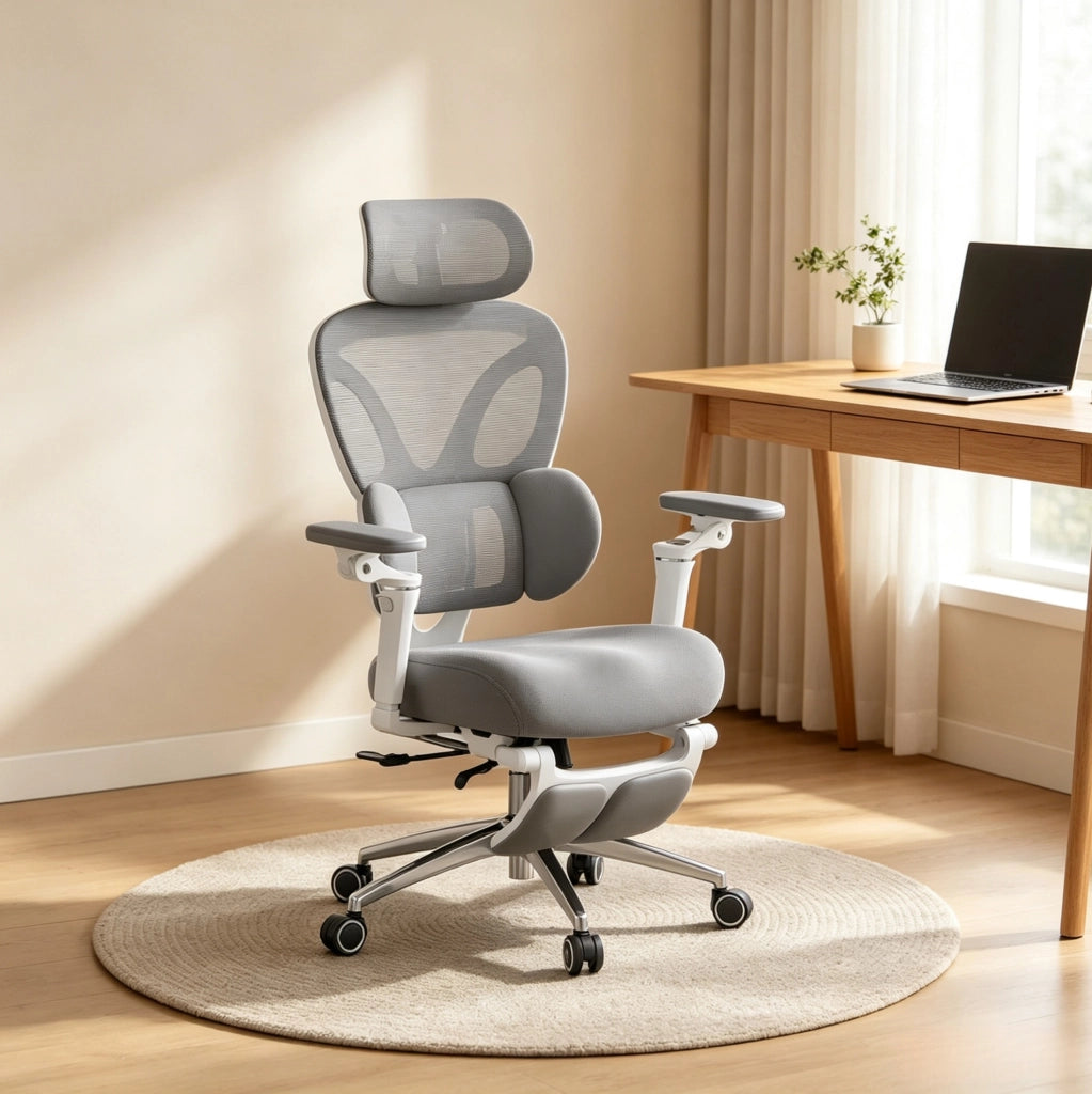 Sedia da ufficio ergonomica ULEVR grigia con poggiatesta 3D, supporto lombare, poggiapiedi e braccioli 6D