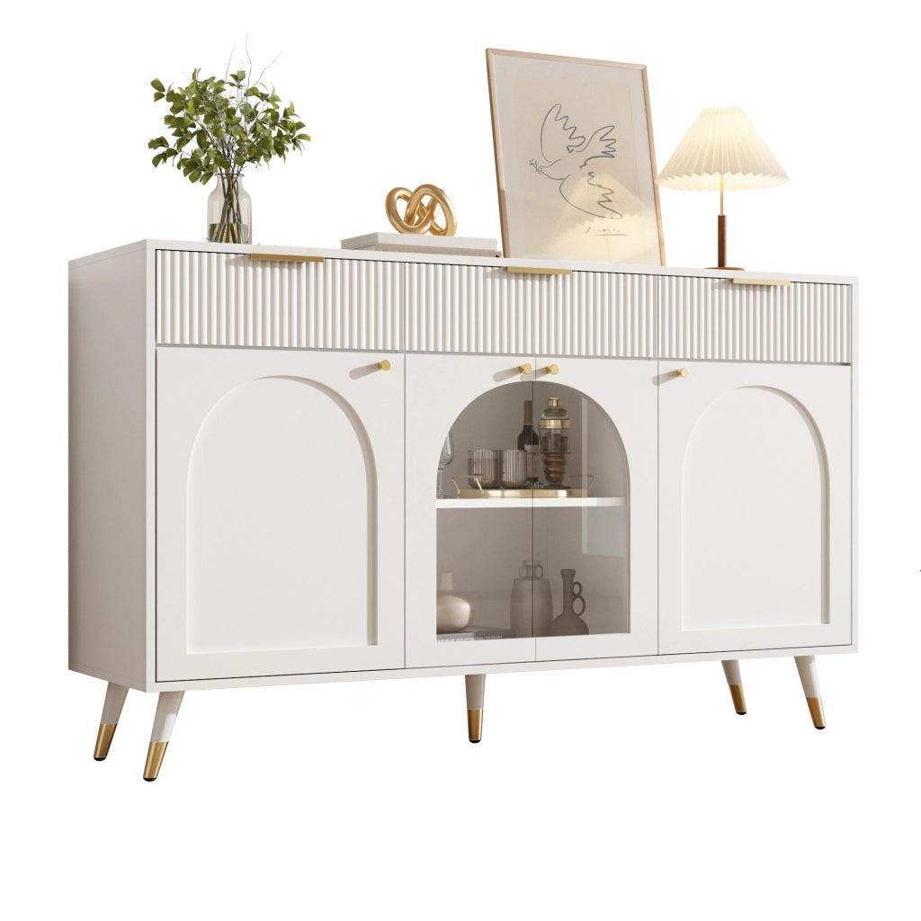 Credenza 4 ante e 3 cassetti con inserti in acrilico trasparente per soggiorno e sala da pranzo in MDF bianca
