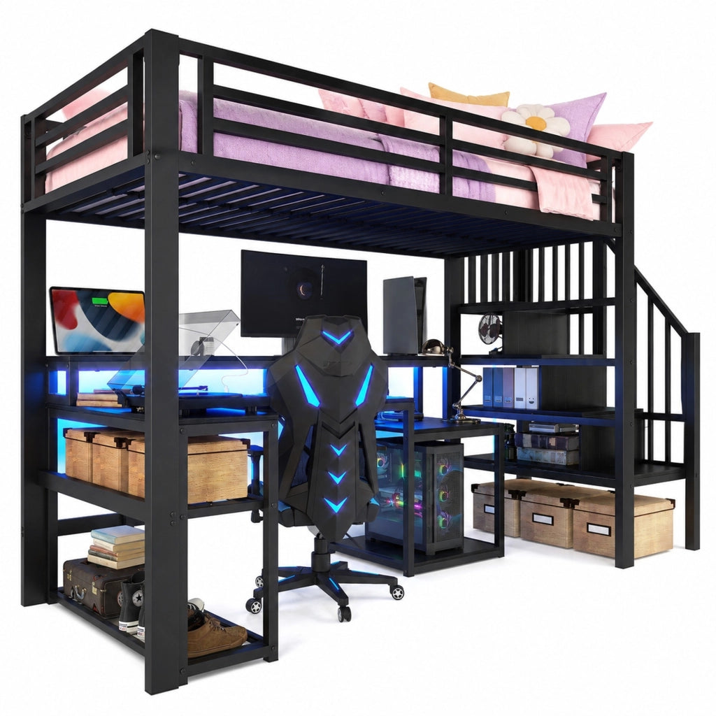 Letto a soppalco 90x200 cm nero con scrivania, LED e USB