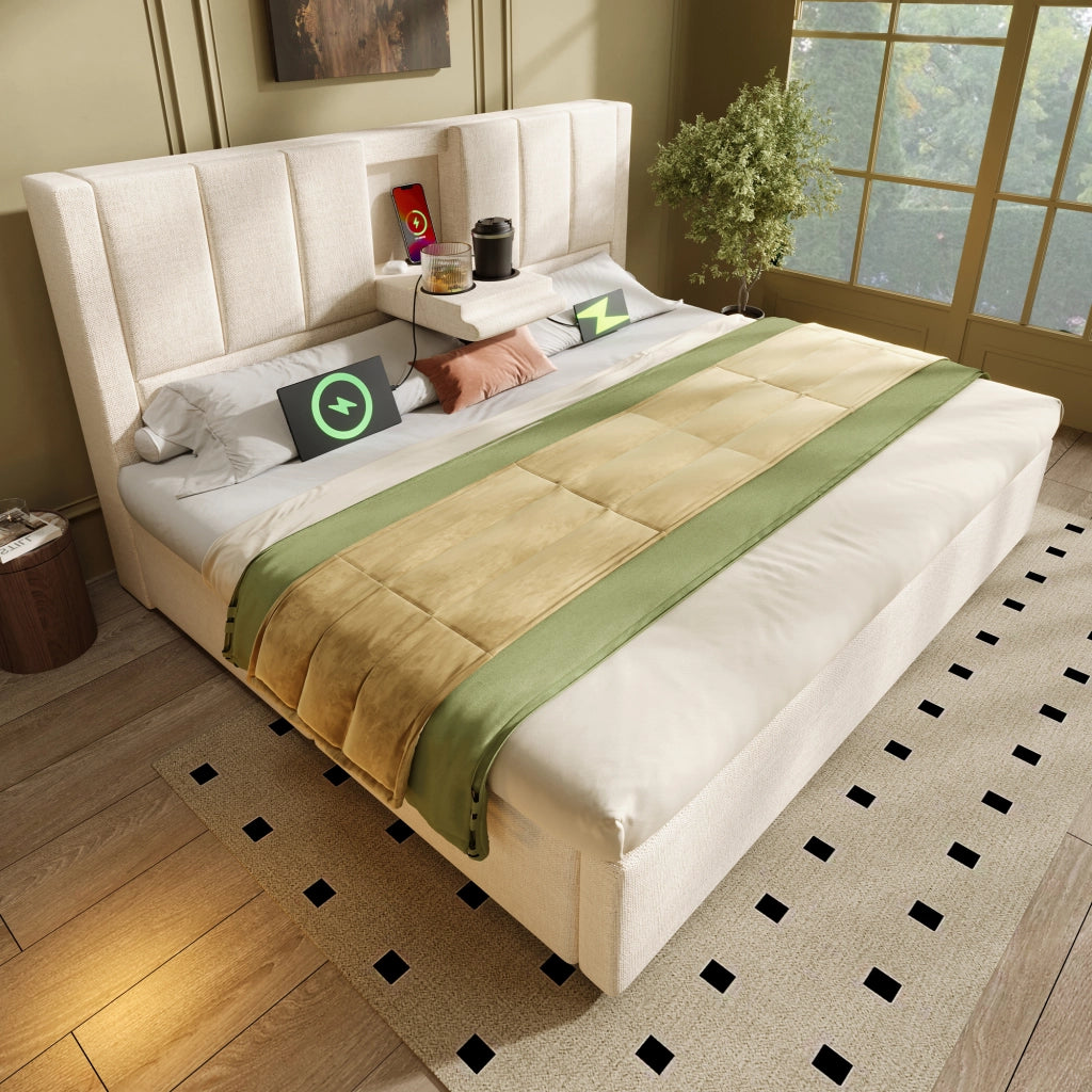 Letto matrimoniale 140 × 200 cm con contenitore idraulico; 3 USB; Type-C e portabicchieri; materasso incluso; beige
