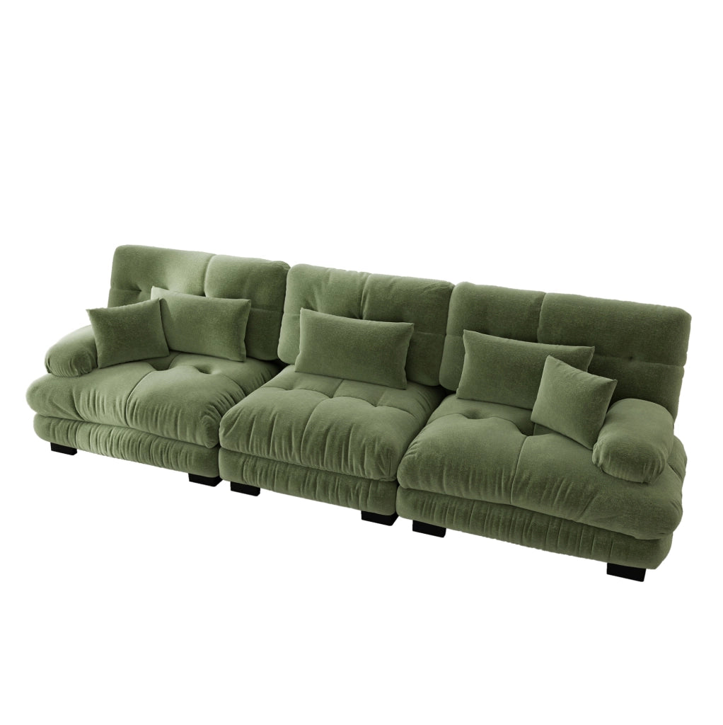 Divano angolare modulare 313x77x81 cm in ciniglia verde, seduta profonda