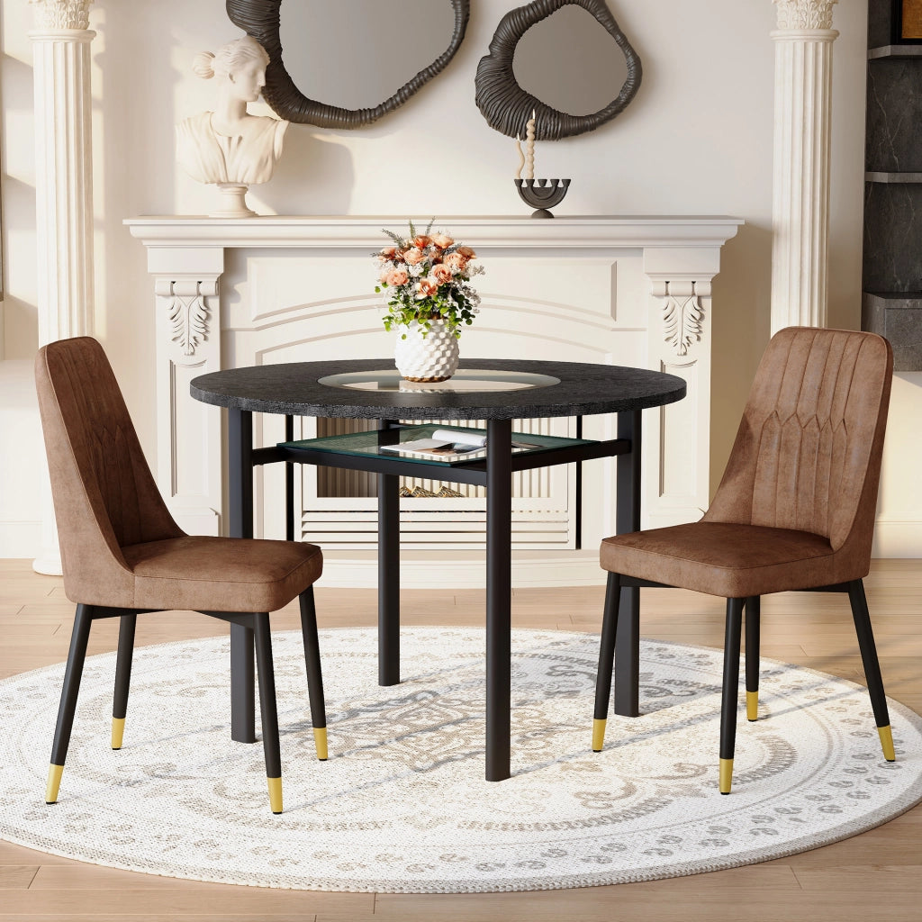 Set tavolo rotondo con 2 sedie marroni; piano MDF nero con inserto in vetro Ø 100 cm
