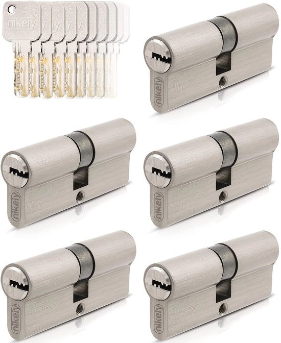 Set di cilindri a profilo 5 con chiusura sincronizzata - 25 chiavi - Piastra in ottone - Classe di sicurezza contro intrusione A - Classe di sicurezza 2 - Cilindro per porta