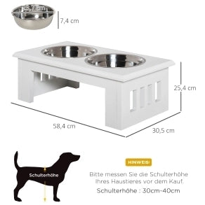 Ciotola rialzata per cane 58,4x30,5x25,4 cm MDF bianco con 2 ciotole inox