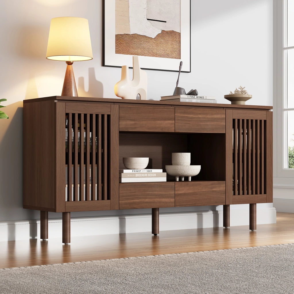 Credenza soggiorno color noce 140 x 35 x 71 cm con 4 cassetti e 2 ante a doghe; MDF e gambe in legno massello